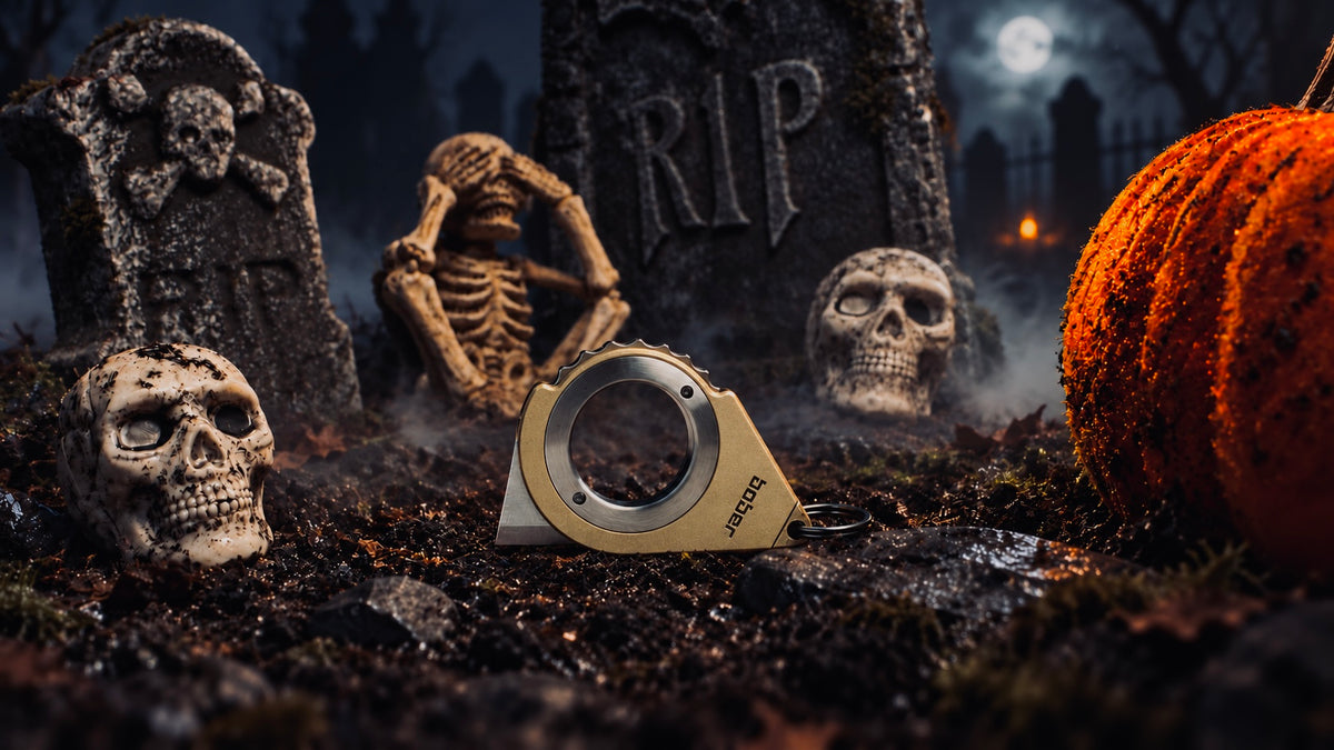 Brass BOBER finger knife in a Halloween graveyard scene with skulls and a pumpkin